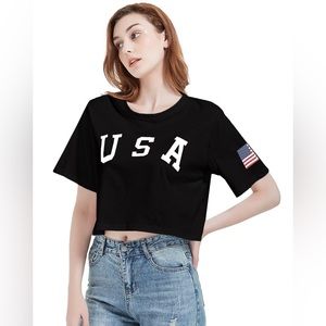 Women’s USA cropped tee, size medium, black short sleeve, white letters, flag